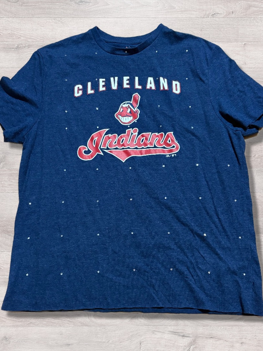 Majestic MLB Cleveland Indians Guardians Chief Wahoo Rhinestone Shirt Large